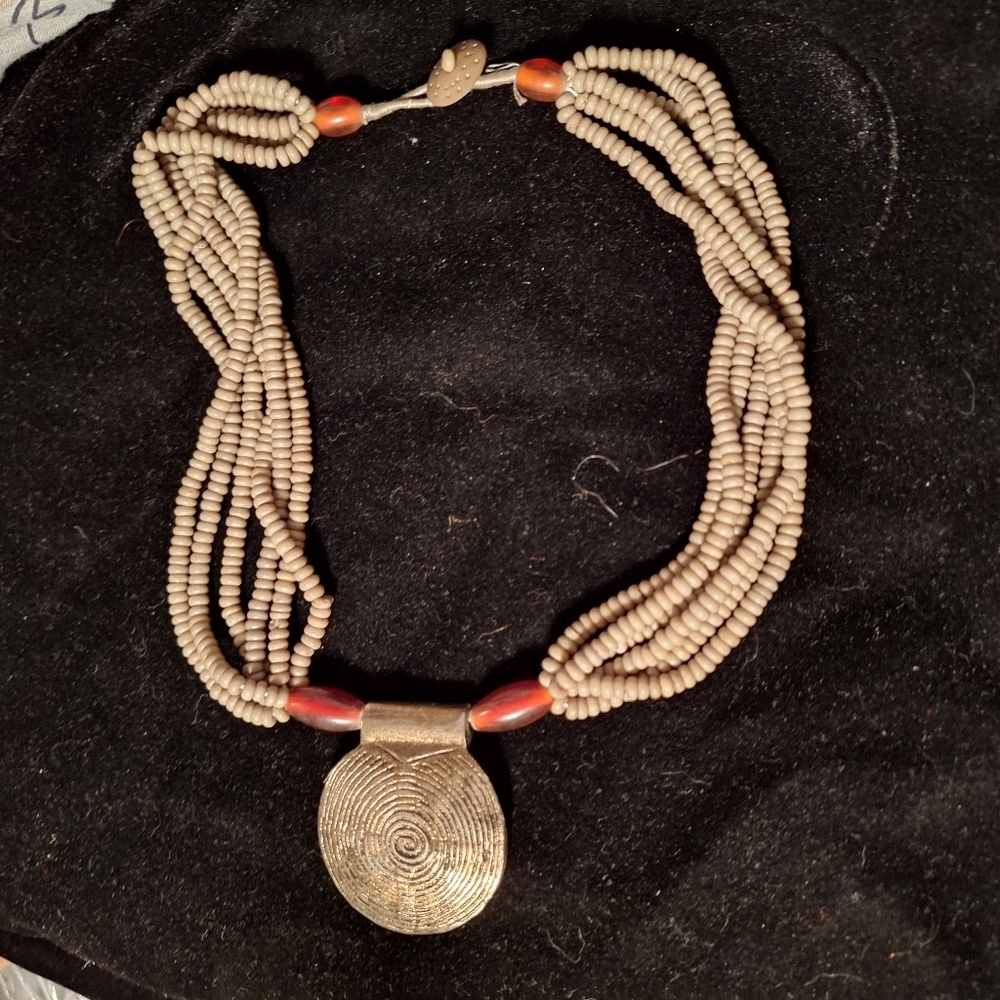6 Strand Boho Style Beaded Necklace Large Medallion Pendant Beachy City Western